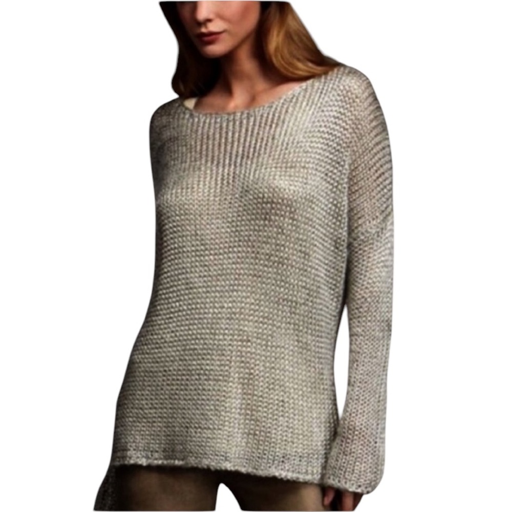 VINCE METALLIC SILVER GRAY CABLE KNIT ROUND NECK SWEATER L